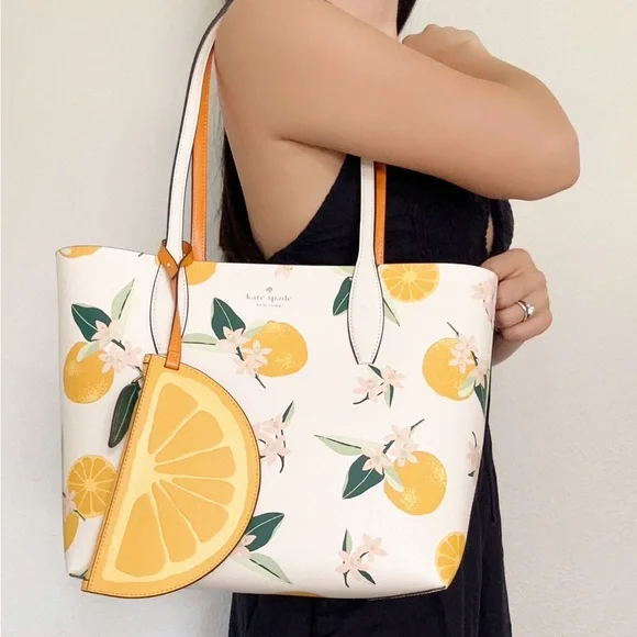 Kate Spade Clementine Small Reversible Tote Cream Multi Orange Zip Pouch Clutch - Picture 2 of 5